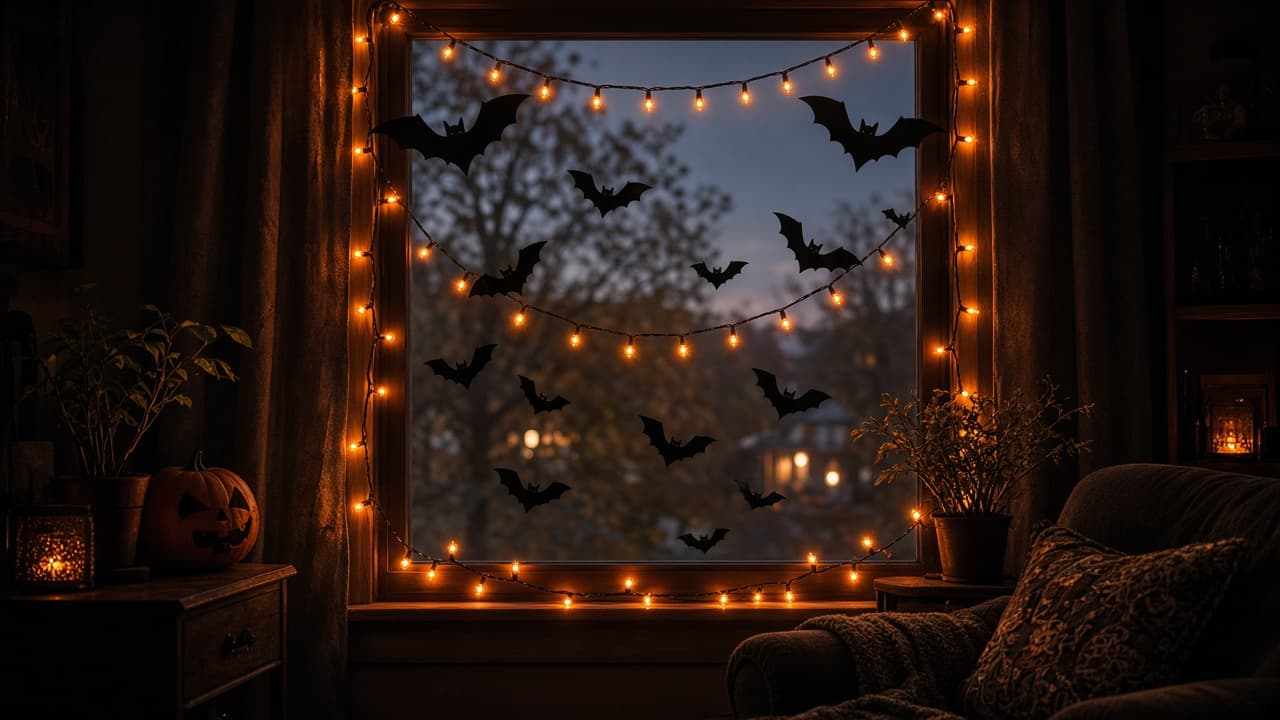 Warm fairy lights on a Halloween window