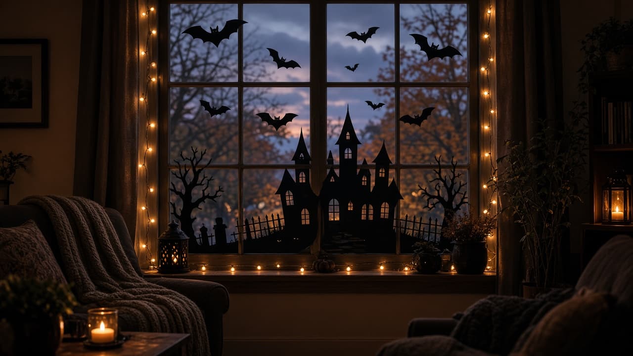 Halloween window silhouettes at night
