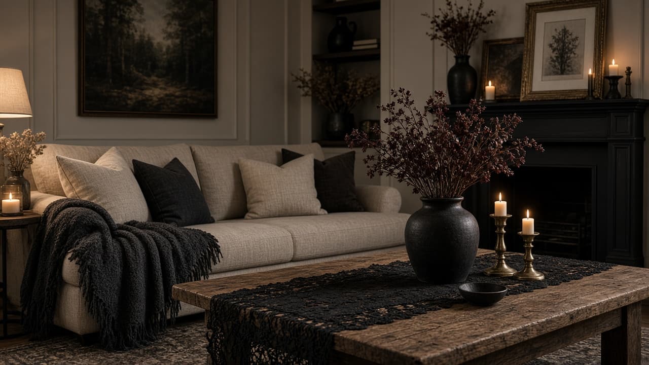 Gothic farmhouse living room with charcoal throw, black lace runner and brass candlesticks