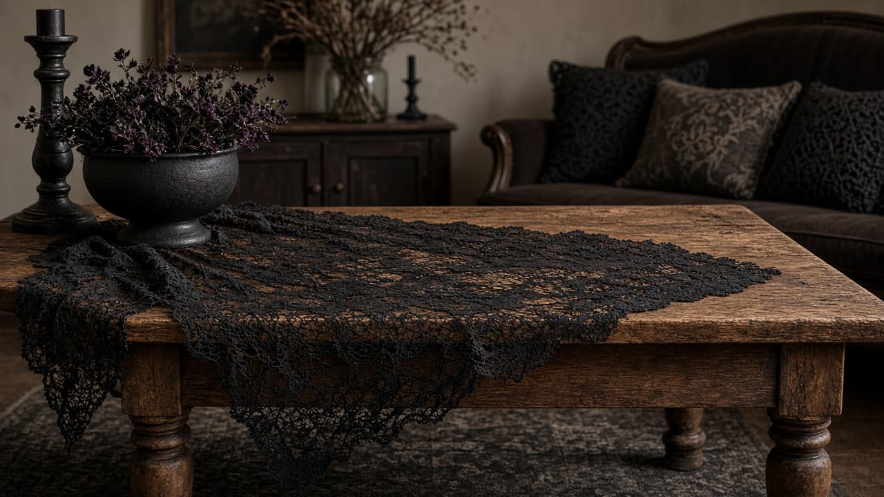 Black lace table runner on rustic wood
