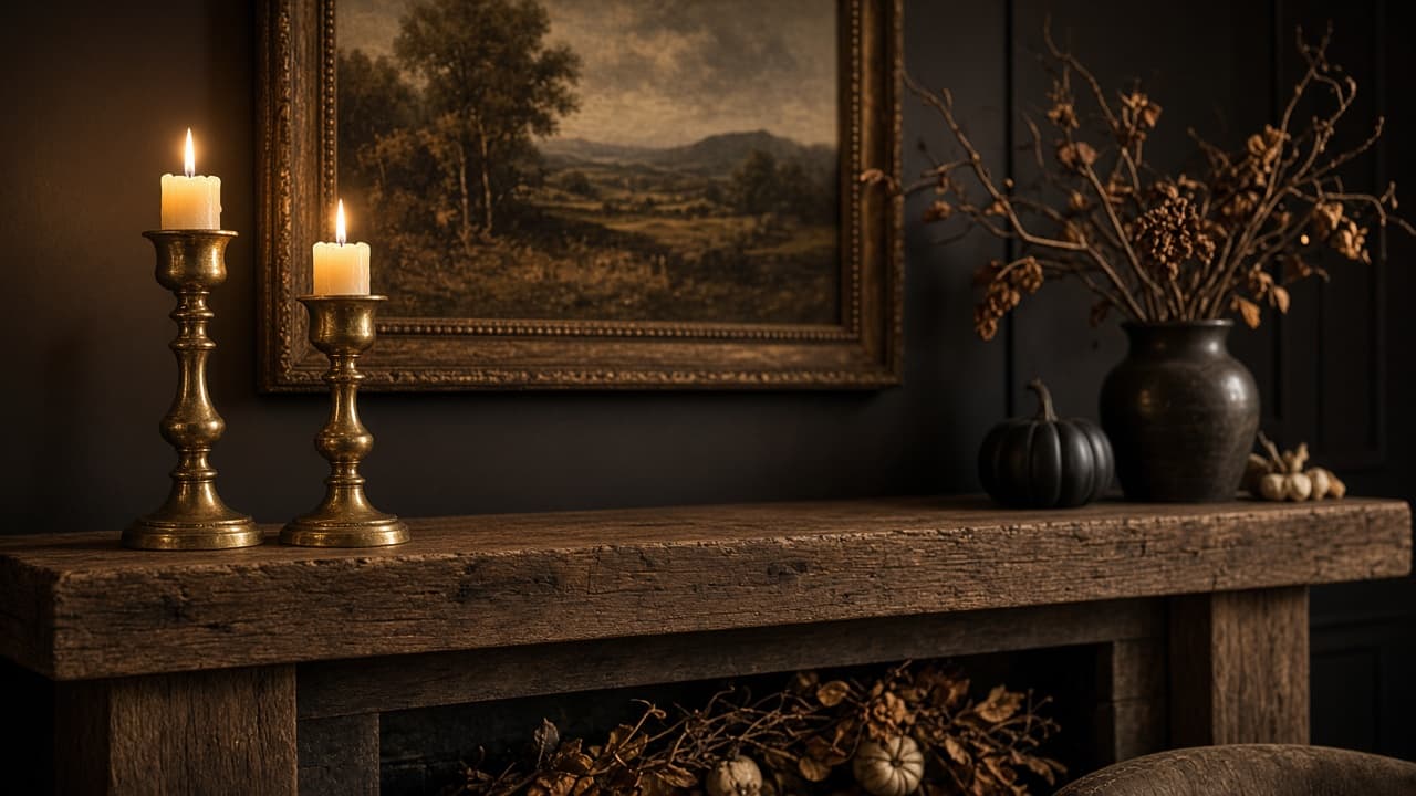 Antique brass candlesticks on a mantel