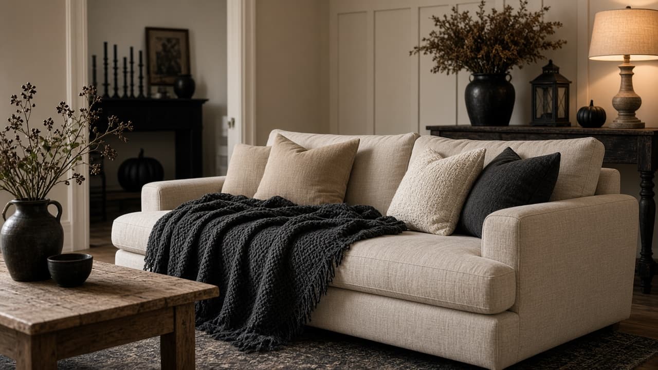 Charcoal throw on a linen sofa