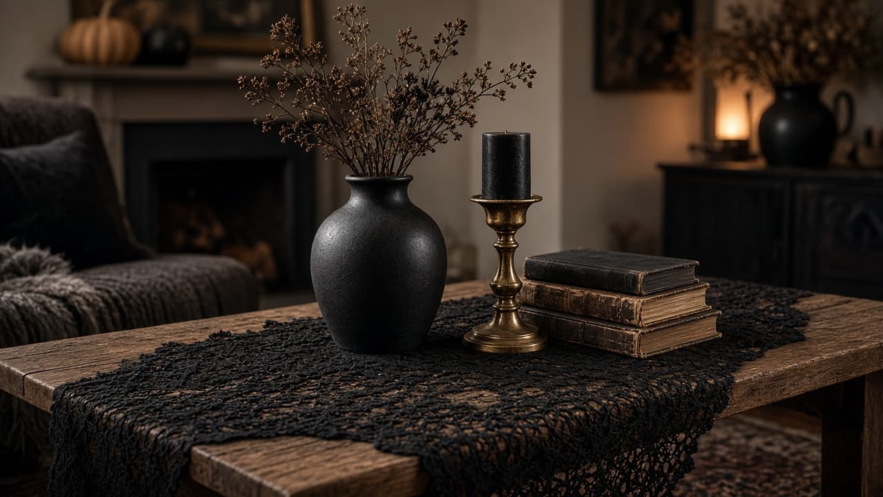 Gothic farmhouse coffee table vignette