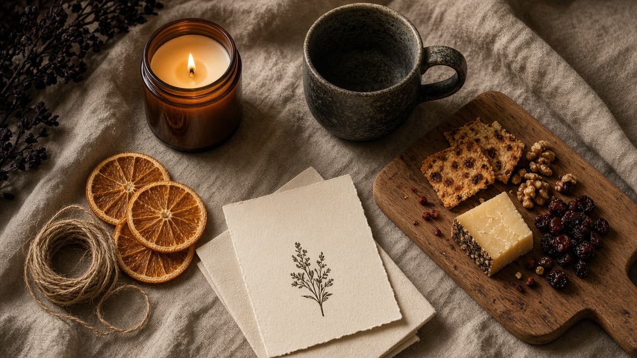 Wooden board with cheese, crackers, walnuts and dried fruit beside an amber candle